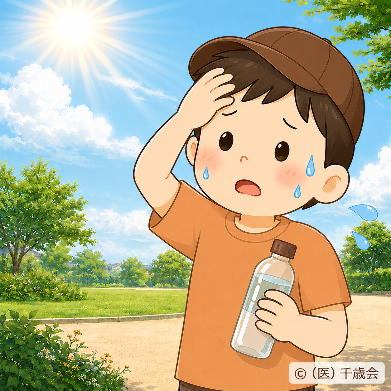 暑さで汗をかき、水分補給をしようとしている子どものイラスト